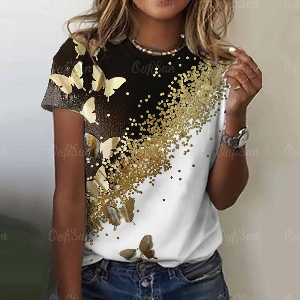Sommer Frauen T-Shirt 3d Schmetterling drucken O-Ausschnitt lässig Damen Gradient T-Shirt weibliche Top Harajuku Mädchen Kurzarm Mode Kleidung