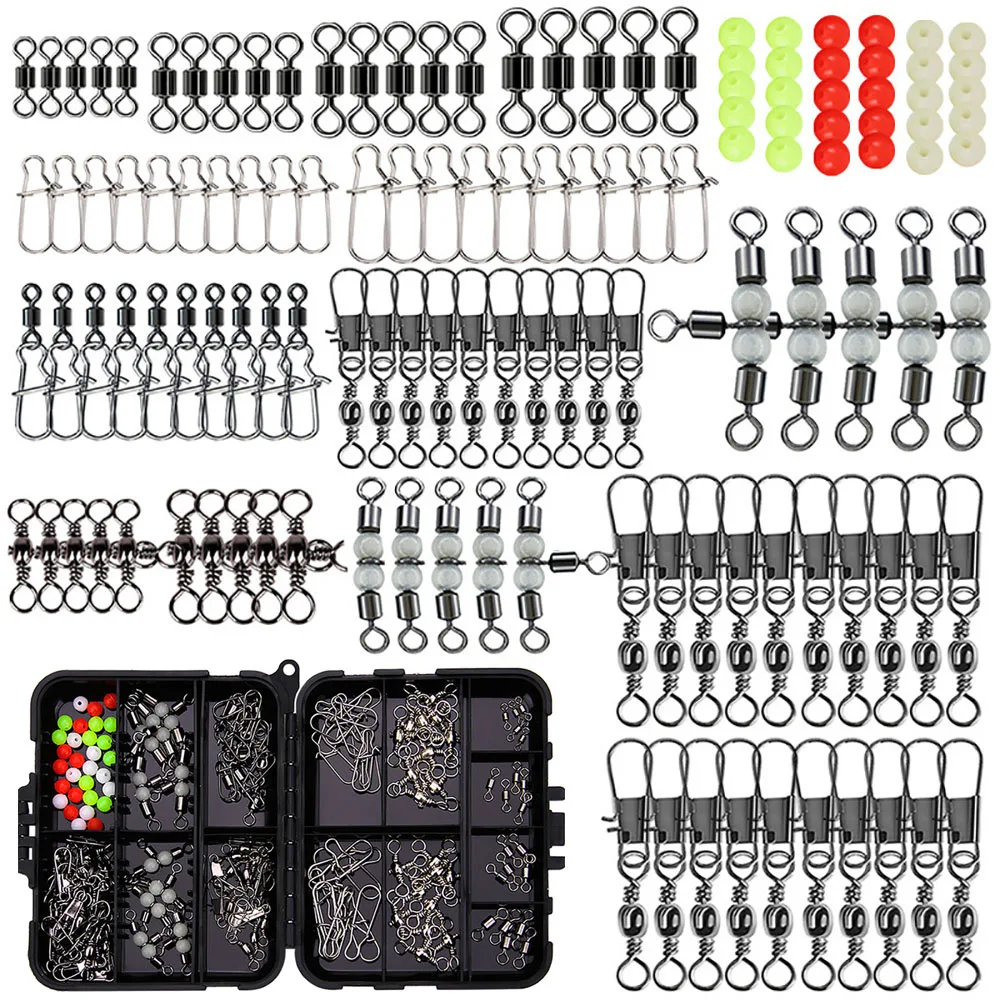 140Pcs Fishing Swivels Kit Accessories Tackle Box Set Rolling