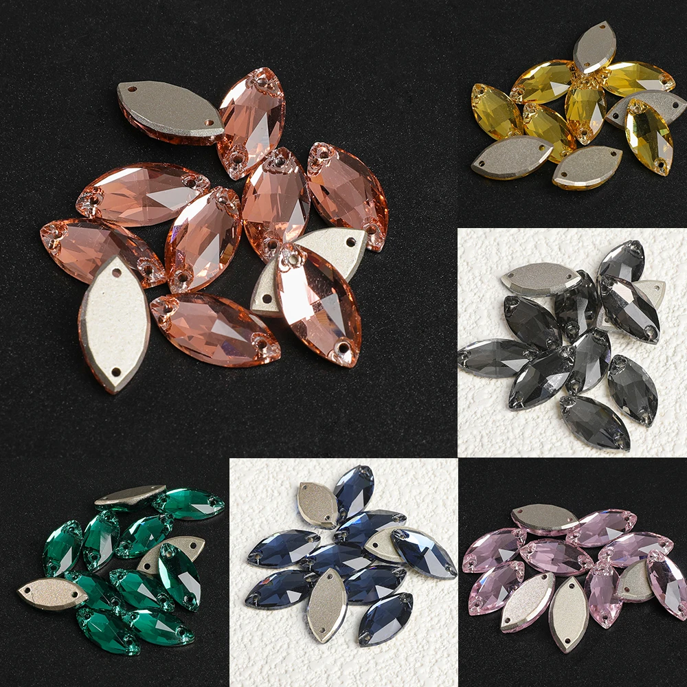 VC Navette 여러 색상 최고 품질 K9 유리 봉제 모조 다이아몬드 크리스탈 플랫 백 봉제 Strass Stones 의류 웨딩 드레스