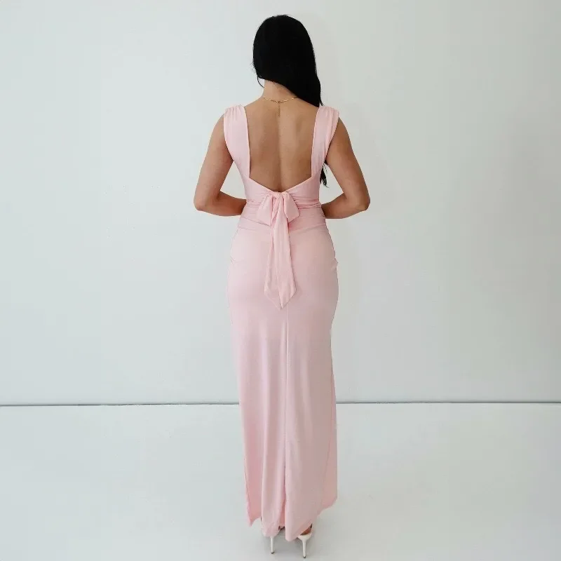 New Spring and Summer U-neck Sleeveless Women's Dress Fashion Sexy Backless Women's Tight Maxi Dress Slit Evening Dress