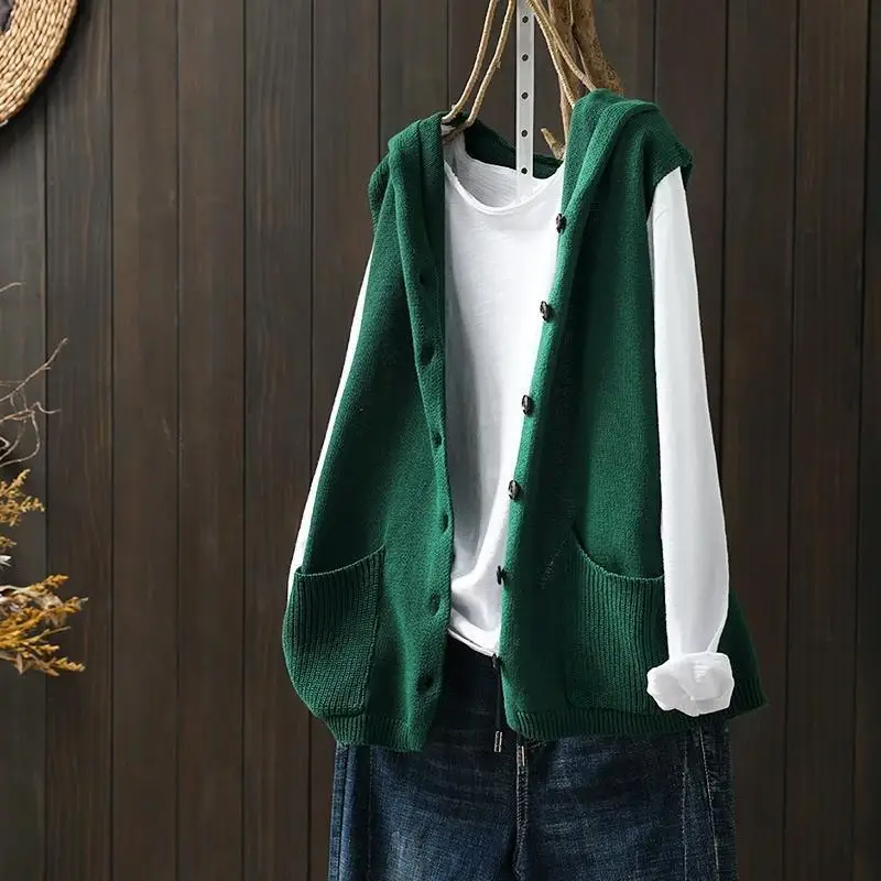

Hooded Knitted Vest Women's Autumn and Winter New Literary Loose Casual Double Pocket Sleeveless Sweater