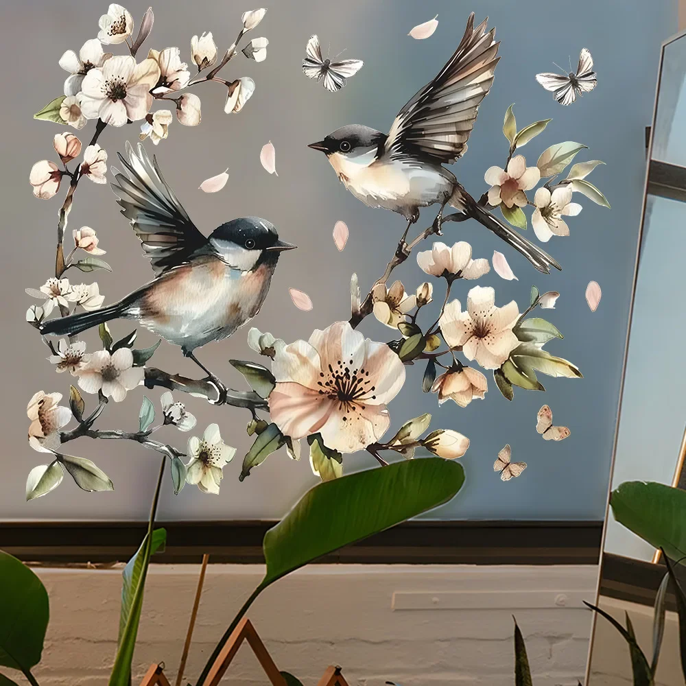 Window Stickers Watercolor Flower Twig Bird Glass Window Home Landscaping Decoration Electrostatic Uv Window Sticker Mirror Sticker 1PCS