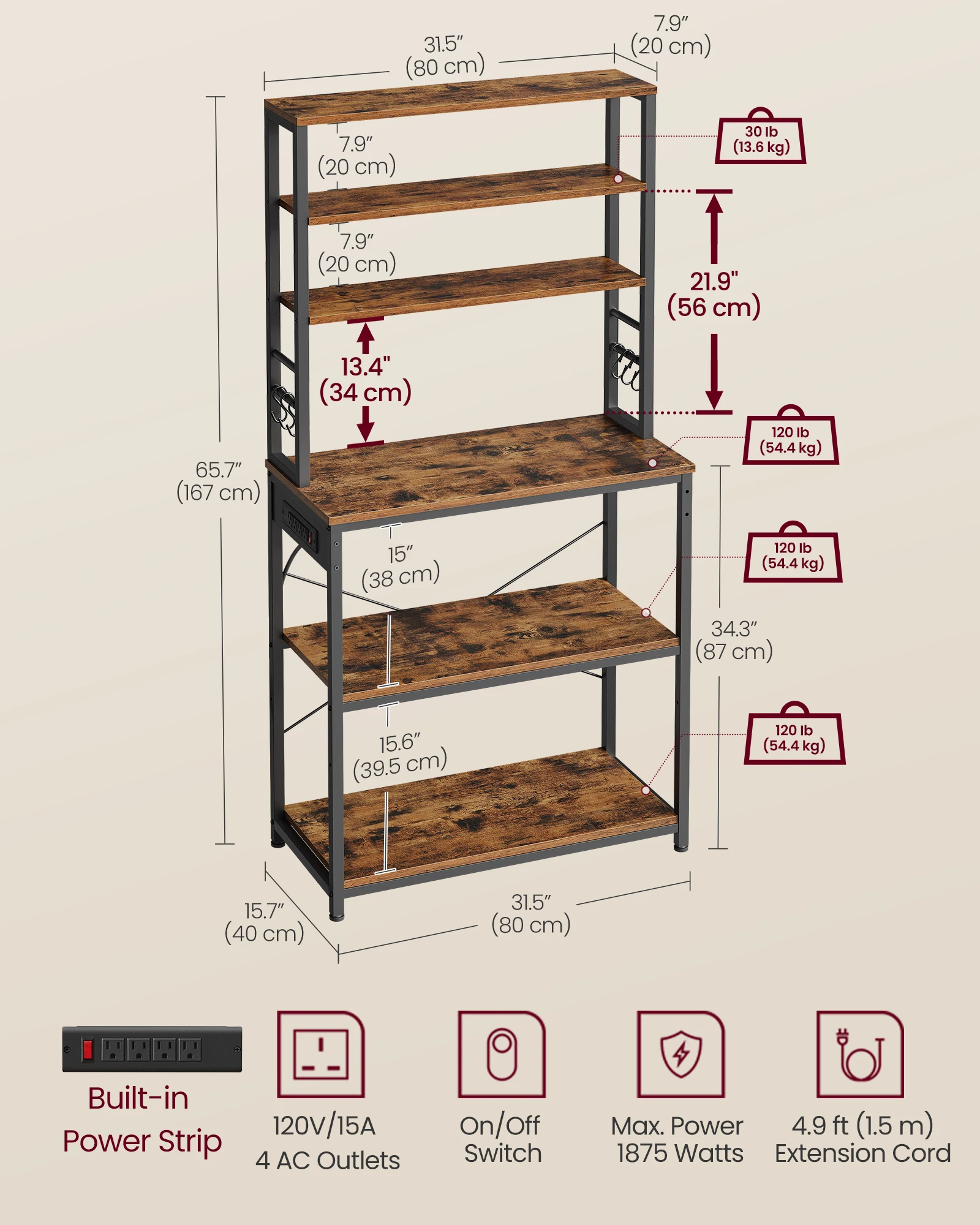 VASAGLE Bakers Rack with Power Outlet, 31.5 Inches Coffee Bar for Kitchen with Storage, 6-Tier Kitchen Shelves with 6 Hooks 3