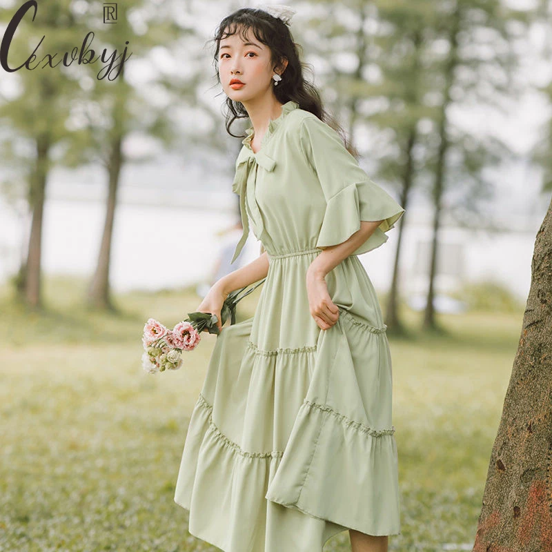 

Women Sweet Flare Sleeve Midi Dress 2023 Solid Colors Ruffled Collar Lace Up Elegant Dress Slim Waist Ladies French Vestidos