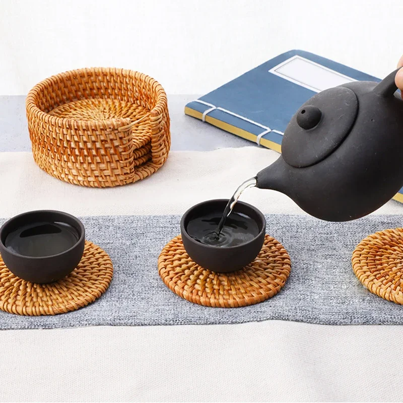 6Pcs Japan Style Sado Supplies Rattan Coasters Tableware Mats Handmade Tea Ceremony Tableware Set INS Style Desktop Decorations