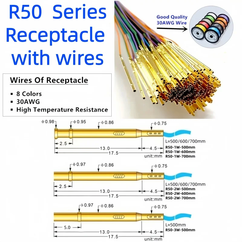 와이어가 있는 소켓 R50-2W R50-1W R50-3W 스프링 테스트 프로브 P50-B PCB 테스트 핀 리셉터클 베어 PCB 포고 핀 사전 배선된 30AWG 와이어