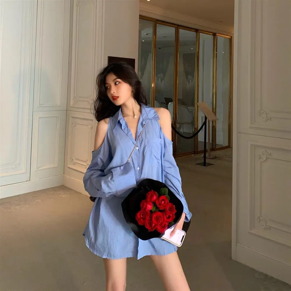 

Elegant Satin Long Sleeve Blouses Women 2023 New Autumn Off-shoulder Shirt Women Casual Loose Button Up Street Shirts T794