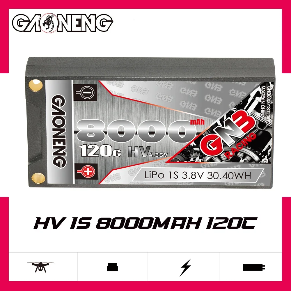 

GAONENG GNB 8000mAh HV 1S 120C 240C 3.8V Single Pack 5mm Built-in Bullet Hard Case LiPo Battery 1/12 Scale RC Cars