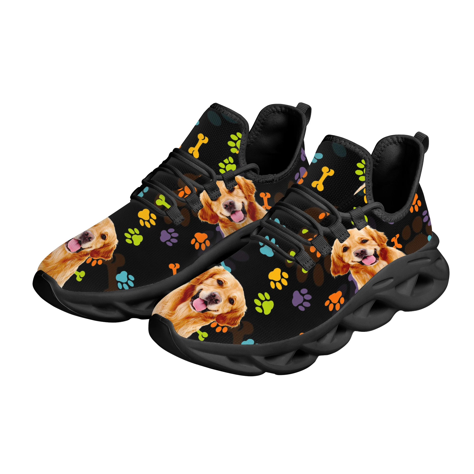 INSTANTARTS Rainbow Dog Paw Print Platform Lightweight Lace-up Shoes Lovely Golden Retriever Pattern Breathable Mesh Sneakers