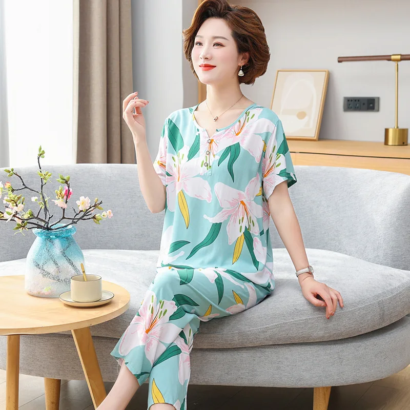 Middle-Aged and Elderly women pajamas set cotton pajamas set Summer Short Sleeve Trousers Set Cotton Rayon Mom Ladies Loungewear