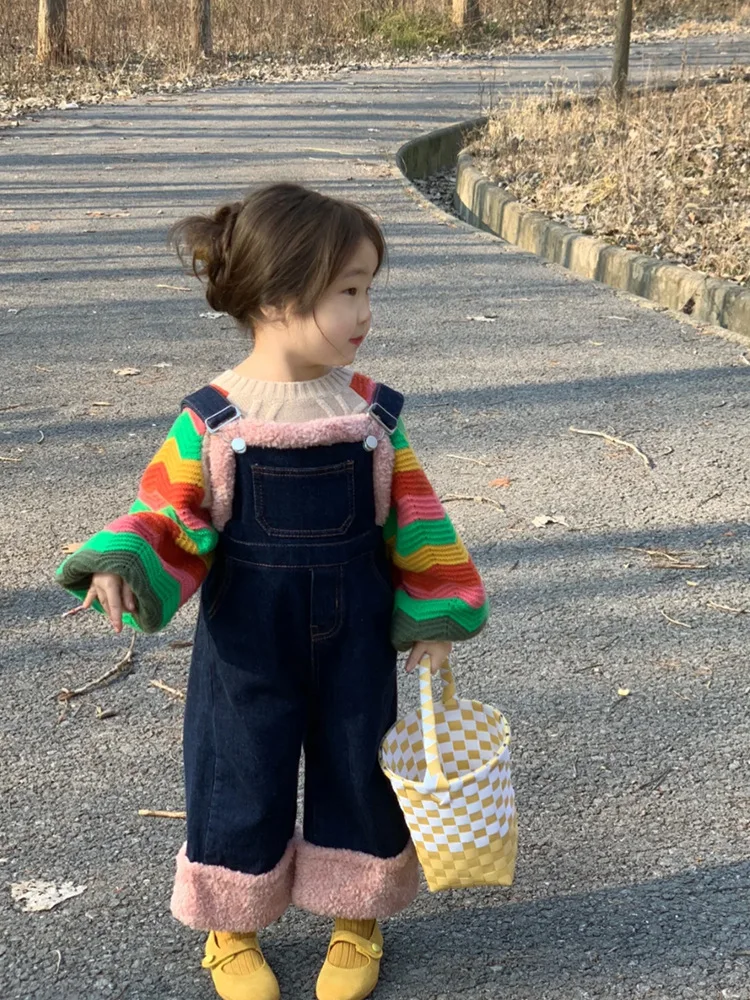 

Autumn Winter Children's Overalls Girls Plus Fleece Denim Suspender Pants Cotton Baby Girls Jeans Loose Overalls