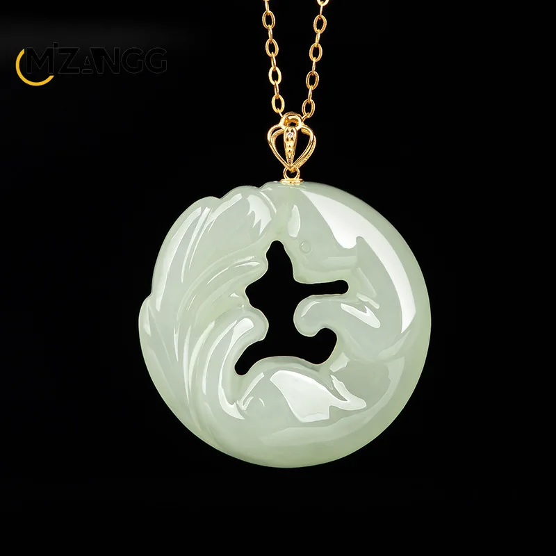 

Natural Hetian Jade White Jade Nine-tailed Fox Pendant 18K Gold Inlay Hollowing Exquisite Fashion Necklace Ladies Mascots Gift