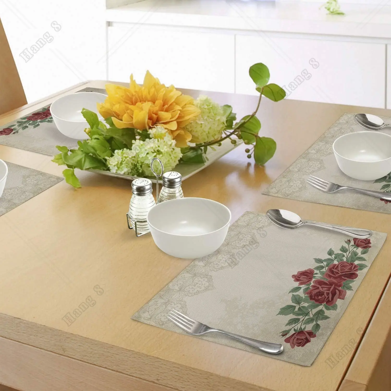 Vintage růže sázet rohože sada z 4 červený květinová dinning pokoj odpoledne čaj omyvatelné textilie prostírání pro jídelní stůl 12x18 palec