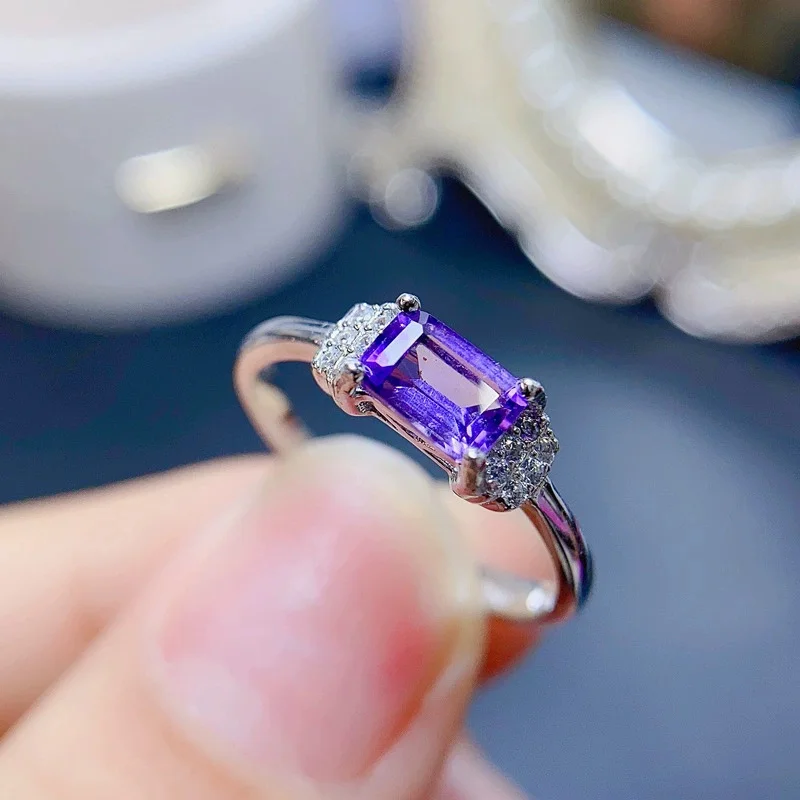 

VVS Grade Natural Amethyst Ring for Woman 4mm*6mm 0.5ct Emerald Cut Amethyst 925 Silver Ring with 3 Layers 18K Gold Plating