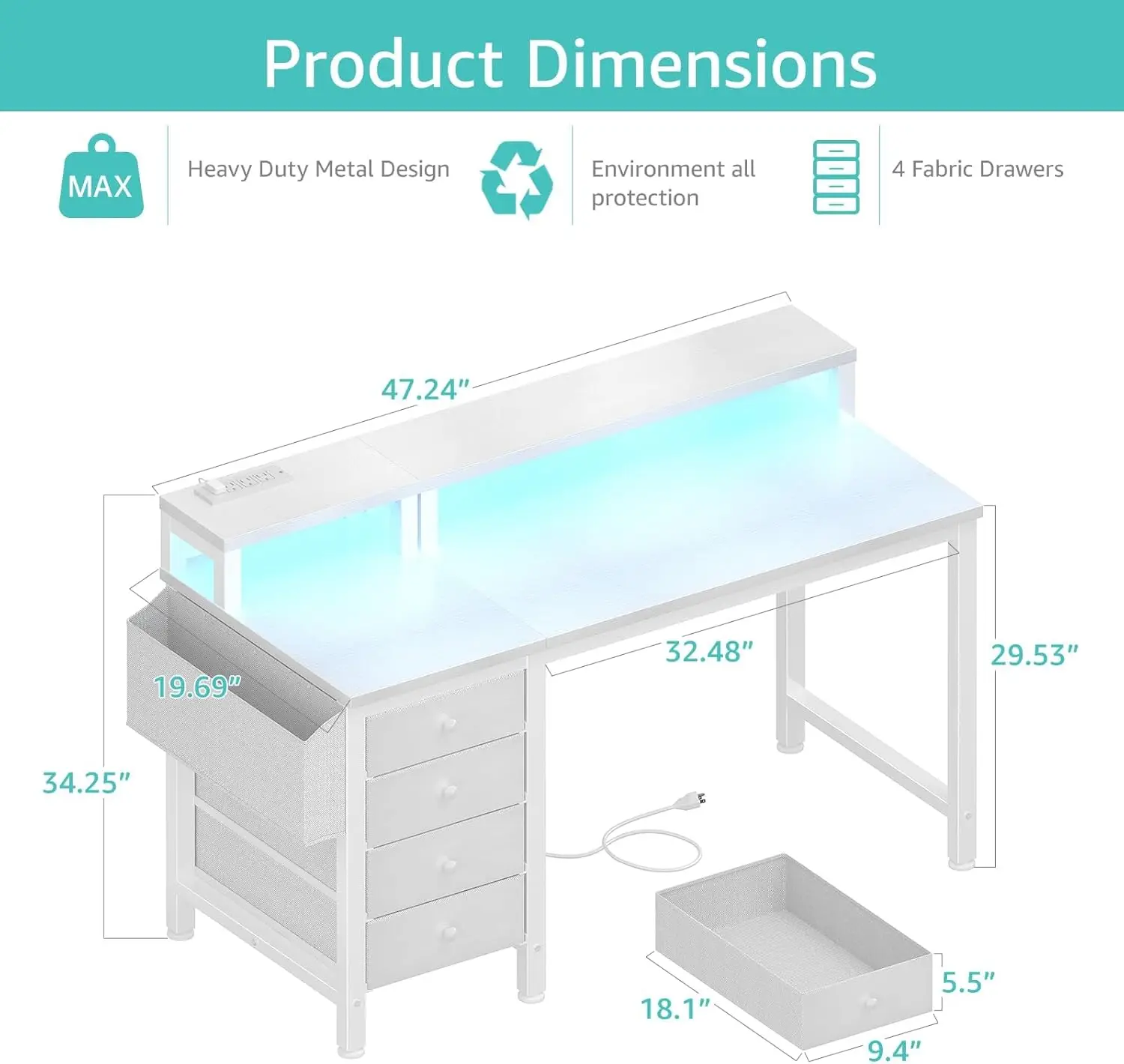 White Desk with 4 Drawers - 47 inch Gaming Desk with Monitor Stand, Computer Gaming Desk with LED Lights Power Outlets 2