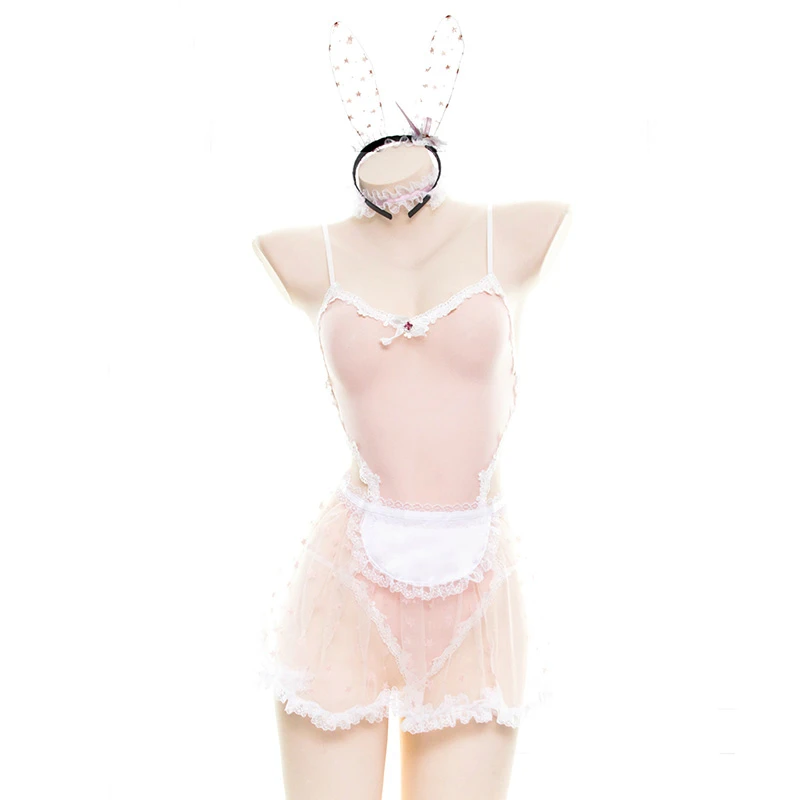 Lace Women Bunny Maid Cosplay Costume Sexy Erotic Lingerie Outfit Fancy Rabbit Girl Japanese Lace Fairy Star Print Babydoll