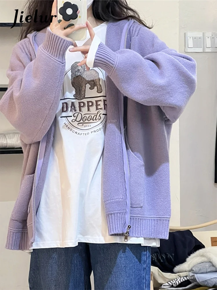 

Jielur Осенний Новый Повседневный однотонный кардиган женский простой базовый Модный женский кардиган фиолетовый уличный трикотажный Топ для женщин