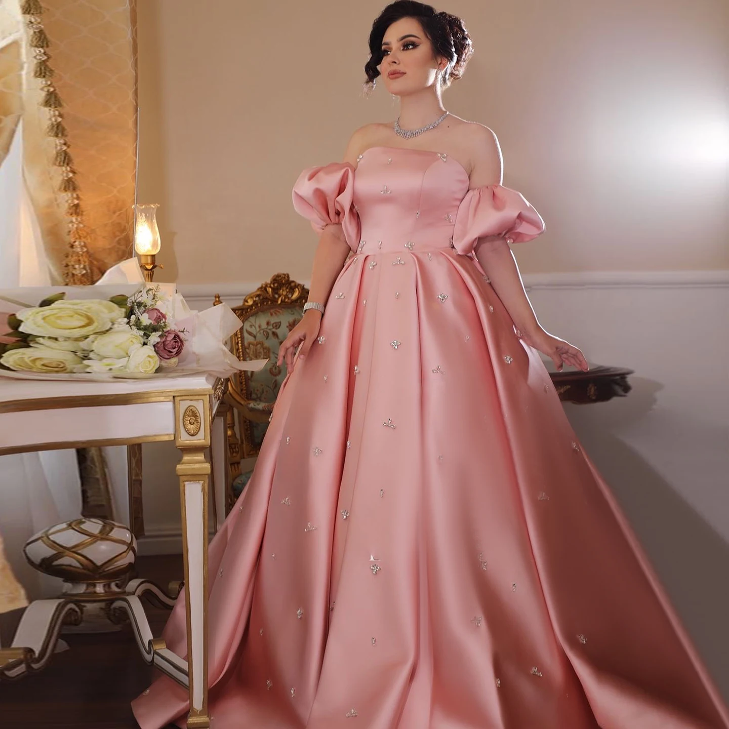 Sharon Said Elegant Women Blush Pink Satin Evening Dresses with Puffy  Sleeves Crystal Wedding Party Gowns SS442 Customized - AliExpress