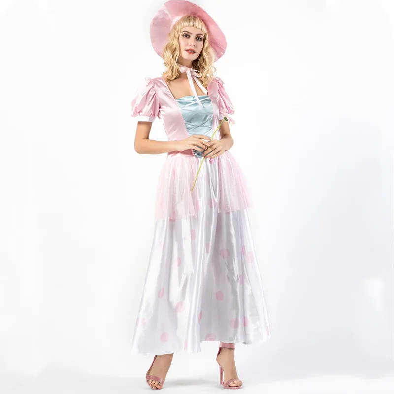 Adult Cosplay Bo Peep Costume for Women Halloween Carnival Party Performance Princess Fancy Pink Clothes Dress Costume with Hat