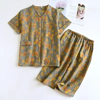 2026 Spring/Summer New Women's Pajama Set 100% Cotton Jacquard Short Sleeves+Capris Two Piece V-Neck Thin Homewear Ladies - Image 3