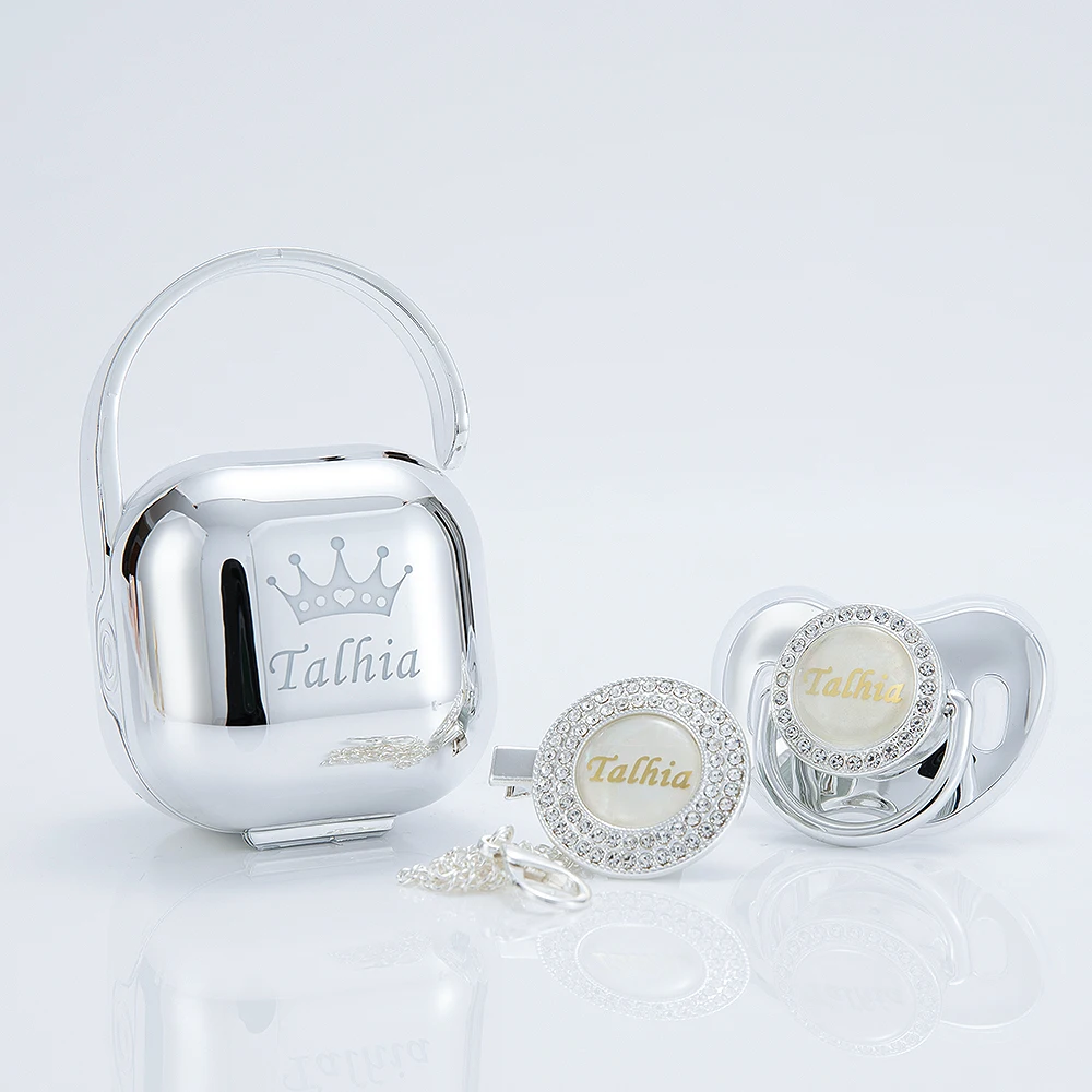 

MIYOCAR personalized Metallic silver bling pacifier and clip pacifier box set BPA free dummy Luxury