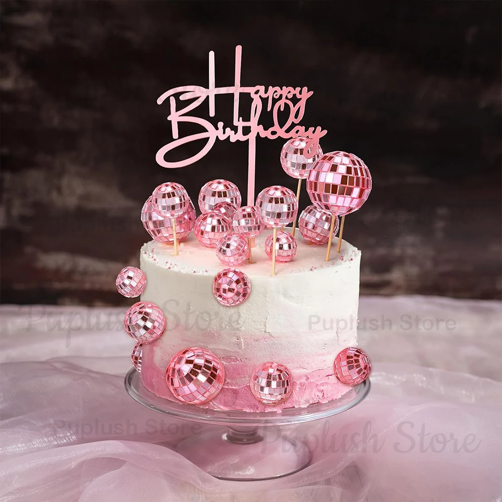 34-teiliges Disco-Kugel-Cupcake-Topper-Set, Spiegel-Silber, Gold, Pink, 70er Retro Kuchendekoration für Disco-Themen-Geburtstagsfeiern – Detail 9