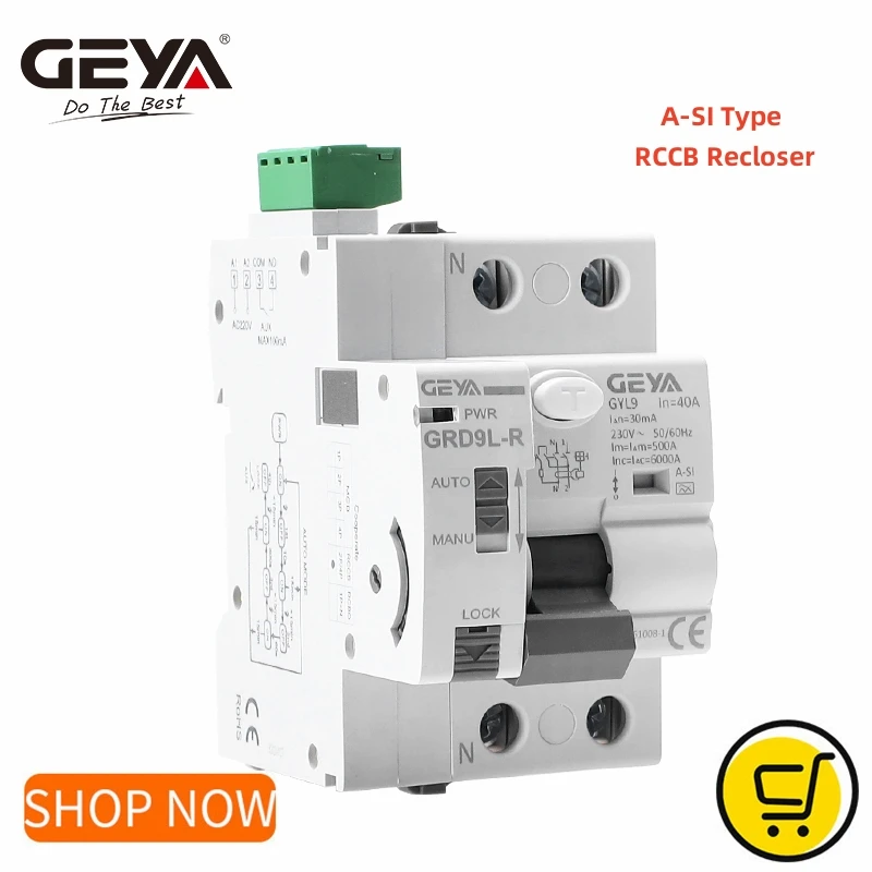 Geya-disjuntor de Vazamento Religador Automático Eletromagnético Super Vacinados Grd9l com A-si Rccb 2p 4p 40a 63a 30ma