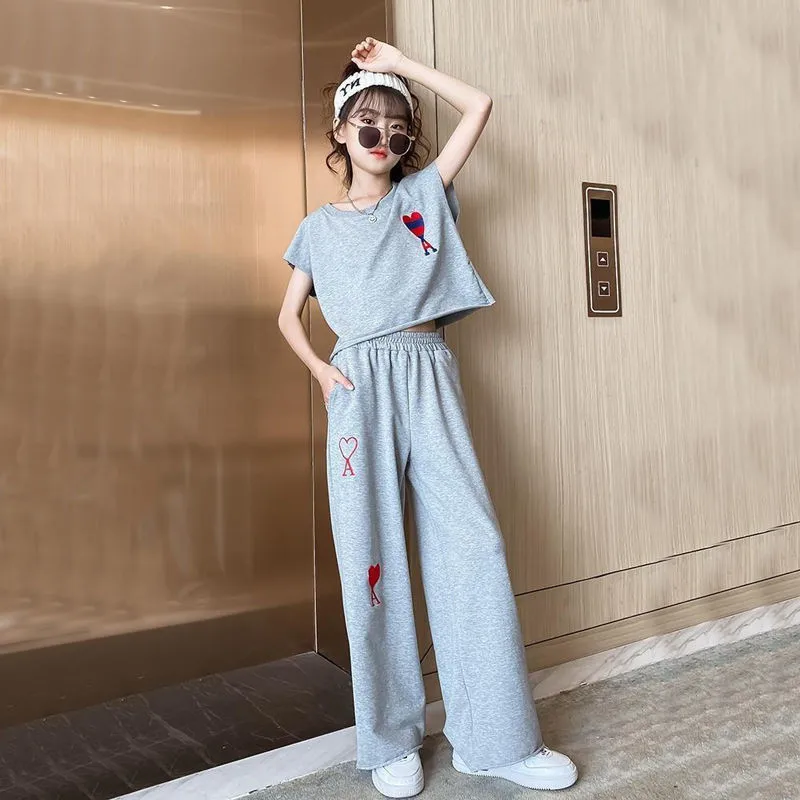 

Children's Summer Suit Thin Sportswear Girls' Fashion Short Sleeve + Wide Leg Pants 2 Piece Set 3-12Y