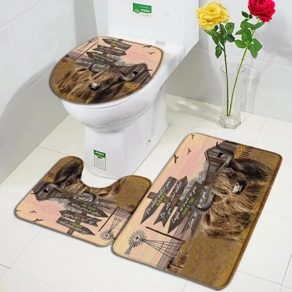 Discover Rustic Highland Cattle Bath Mat Set Vintage Brown Wooden Plank Dutch Cow Farm