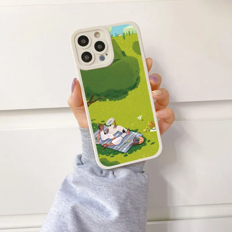 Charming Cartoon Green Lawn Soft Phone Case – Vintage Cute Suburban Relaxation Design