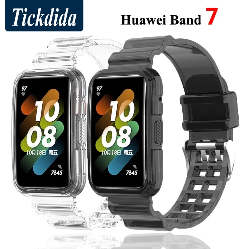 2-In-1 Silicone Strap+Case For Huawei Band 7 Transparent Sports Strap Huawei Band 6 Accessories
