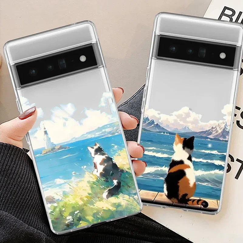 Luxury Scene Lovely Cat Soft Transparent Phone Case – Elegant and Cute Back Cover