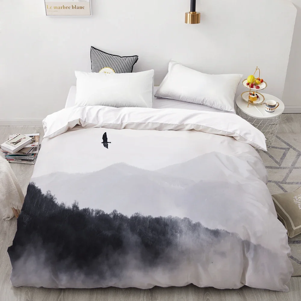 Nature Landscape Duvet Cover King/Queen Size 3D Natural Ink Painting Mountain Bedding Set Forest River Quilt Cover