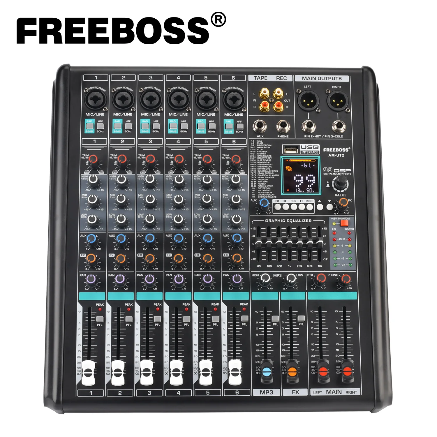 6 Mono Channel Mixing Console Monitor 99 DSP Effect Bluetooth Audio Table 7 Band EQ USB Record Sound Mixer Desk AM-UT2 audio mixer