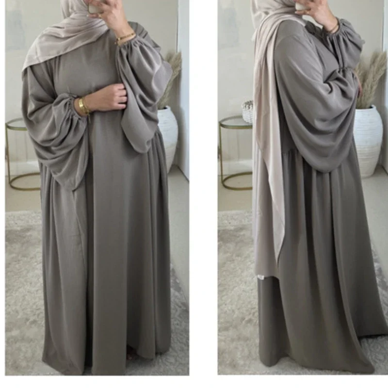 casual Plain Abaya Muslim Long Dress Ramadan Crepe Balloon Sleeve Islamic Jilbab African Dresses for Women Dubai Turkey Kaftan