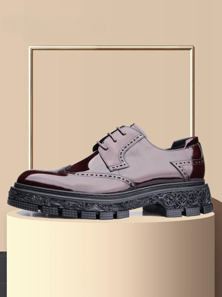 New Autumn Formal Men Shoes Brock Carved Platform with British Leather Glossy Leather Shoes. Gift