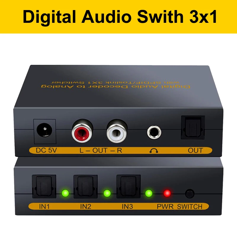 SPDIF 디지털 아날로그 오디오 변환기, 광학 스위치, 3x1, 3 포트 토스링크, SPDIF AV RCA, 3.5mm 잭