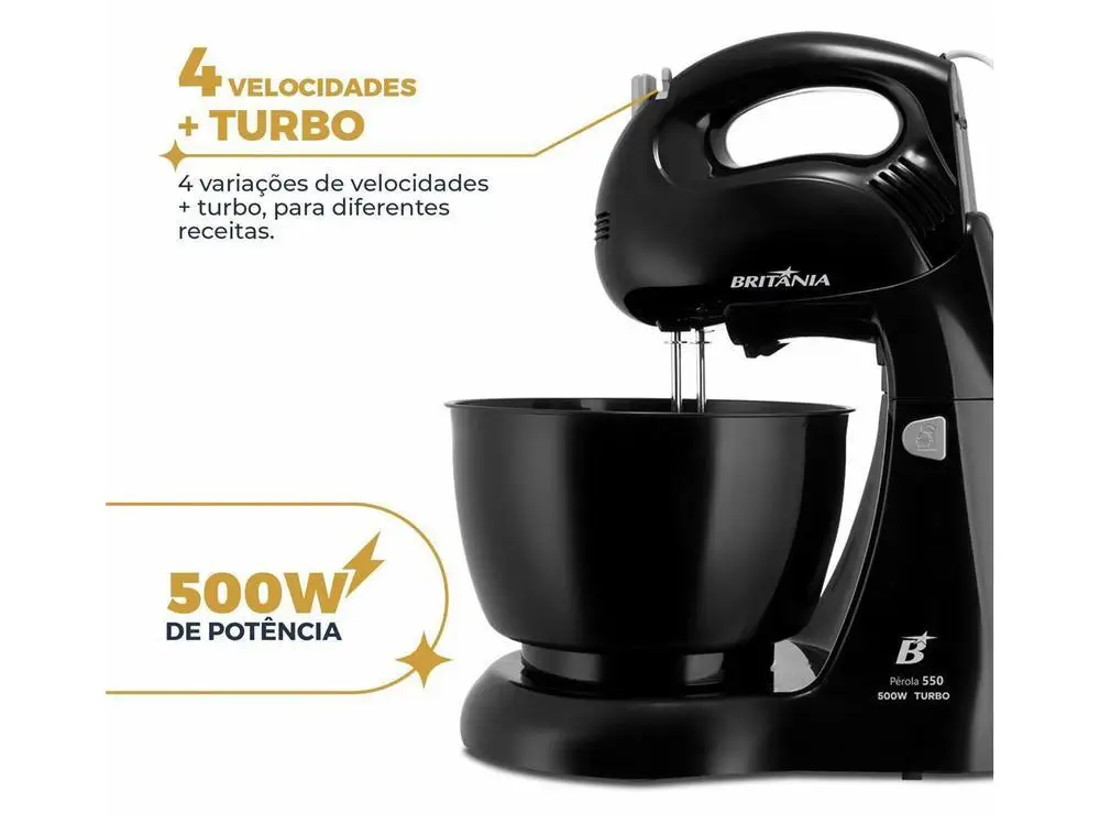 Batedeira Britânia Preta 500W 4 Velocidades 4,3L Pérola 550 - 220V 4