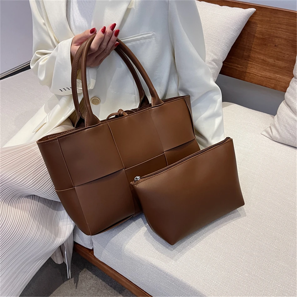 2 Set Weave Large Capacity Women's Tote Bags PU Leather Shoulder Bags for Women 2022 Fashion Lady Top-handle Bag Luxury Handbags