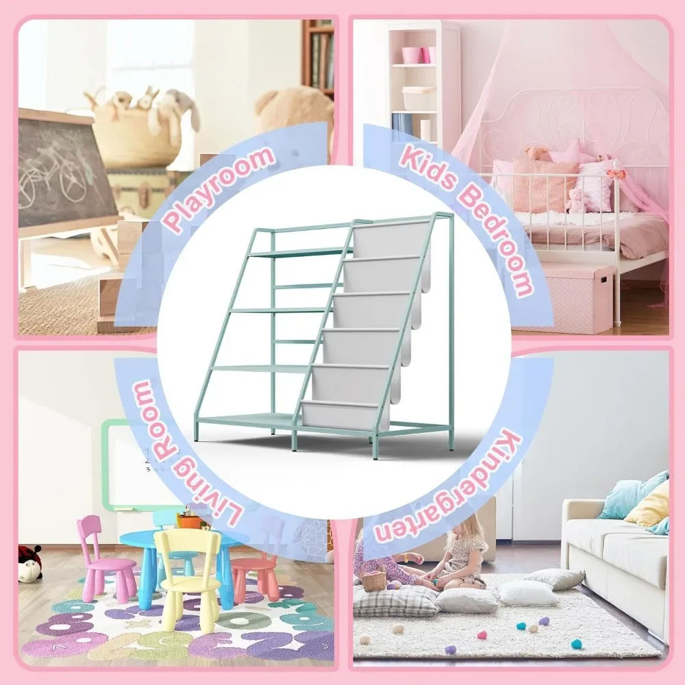 Bookshelf for Kids - Metal 4 Tier Childrens Bookcase with 5 Sling Deep Book Rack Display Shelves Toddler Toys Organizer 5