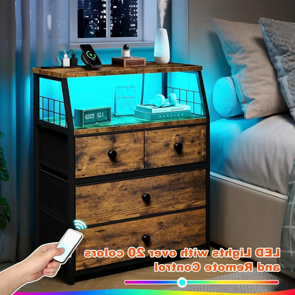 Nightstand Set of 2, Night Stand with Charging Station & LED Lights, Bedside Table with 4 Fabric Drawers for Bedroom 3
