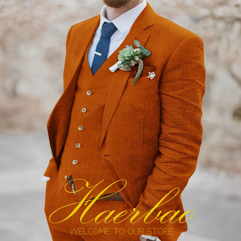 Summer Men Suit Wedding Linen Jacket Vest Pants 3 Piece Set Beach Party Tuxedo Formal Groom Outifi Handsome Clothes