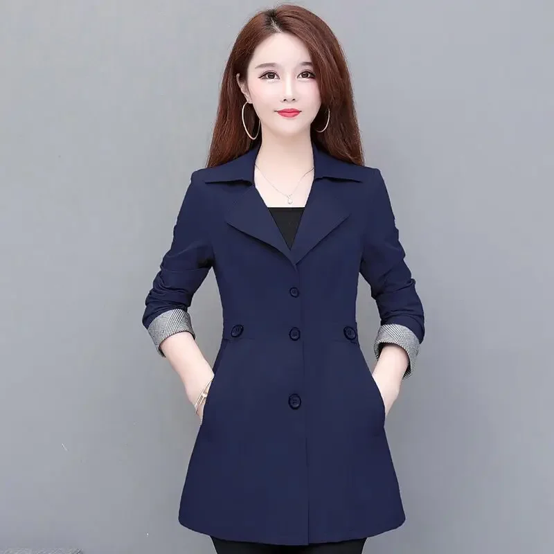 

Women Spring and Autumn Fashion New Suit Collar Trench Solid Color Cultivation Button Pockets Splicing Versatile Mid-length Coat