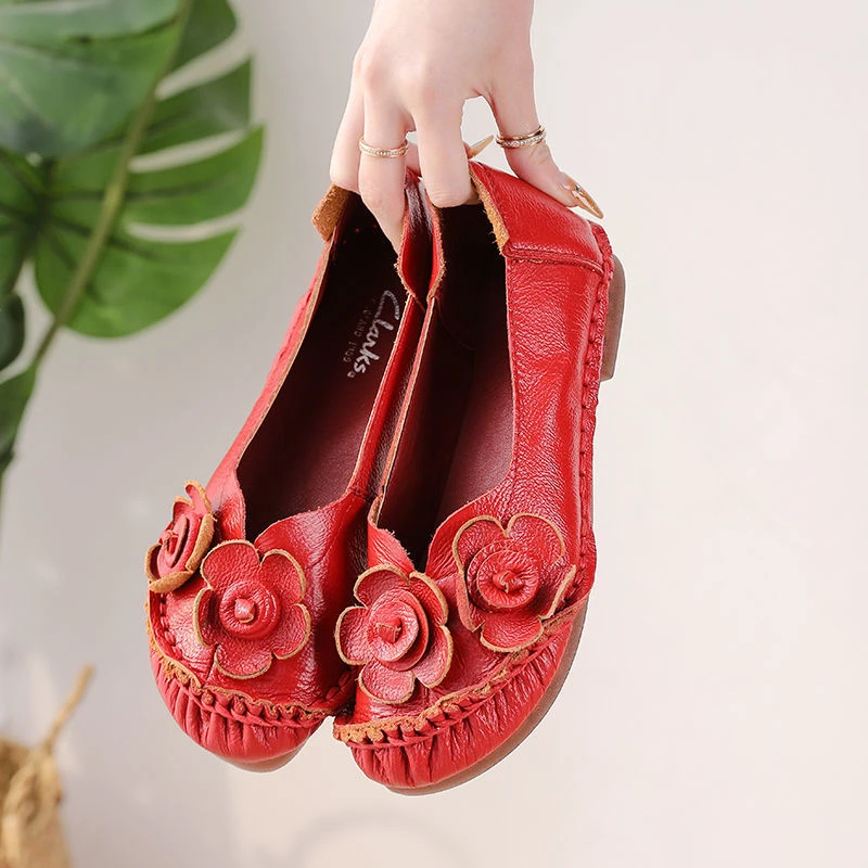 Mocasines elegantes rojos mujer, zapatos planos sin cordones de cuero genuino, suela suave, para conducir, de 2022| | - AliExpress