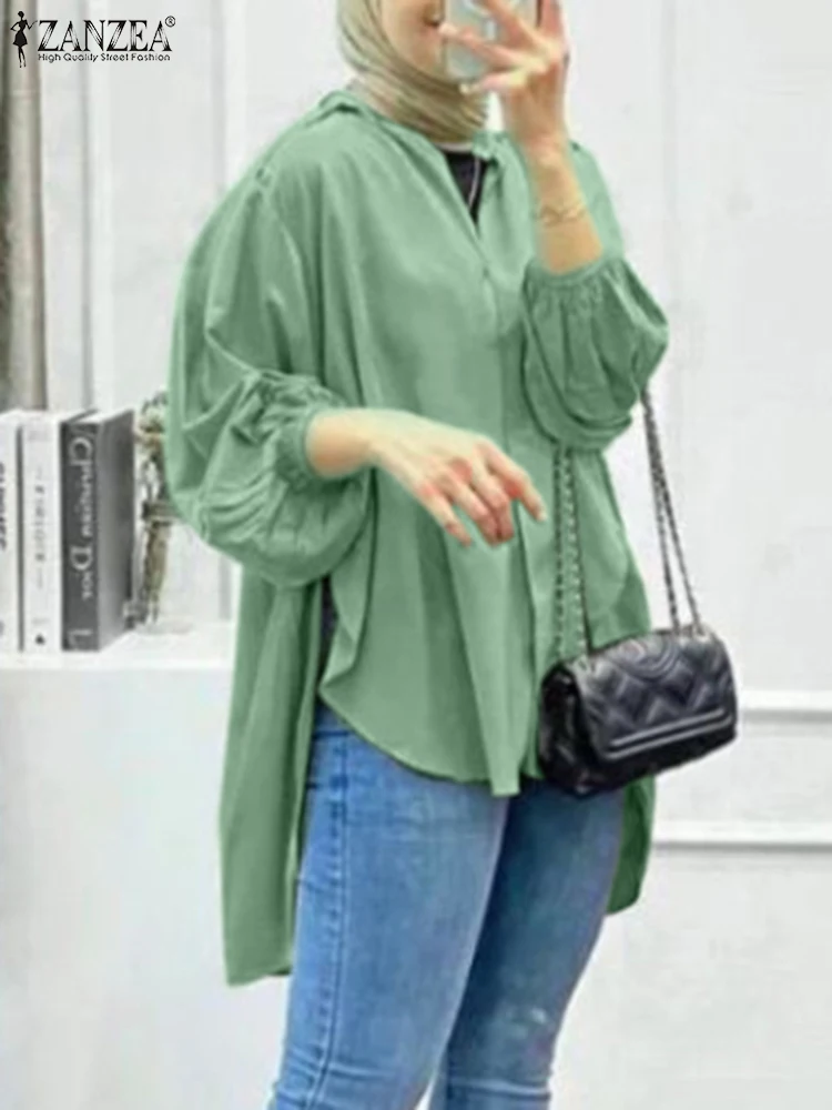 

ZANZEA Fashion Women V Neck Long Sleeve Blouse Autumn Casual Asymmetrical Hem Shirt Solid Loose Muslim Tops Islamic Clothing