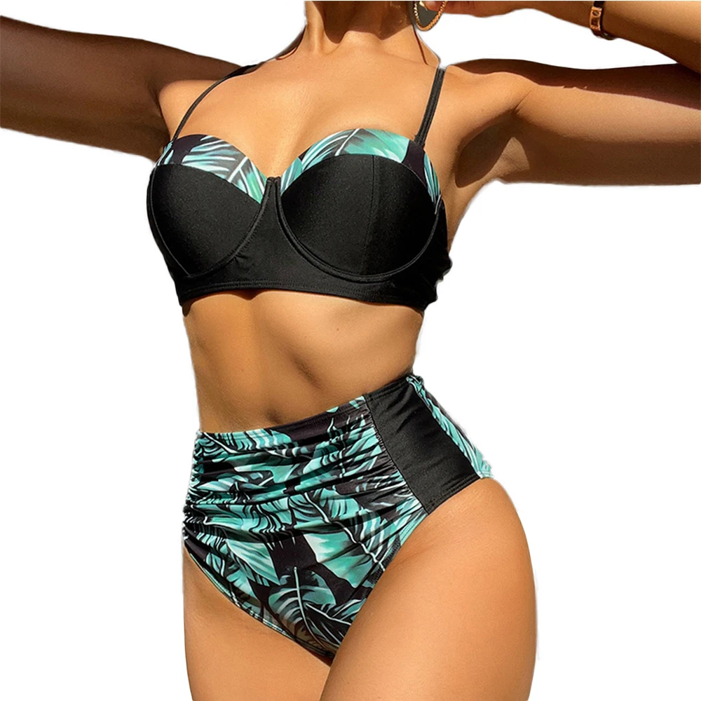 

FS Women Hot And Sexy High Waist Bandeau Swimwear Green Leaf Print Halter Spliced Bikini Set Two Pieces 2022 Summer New Arrivals