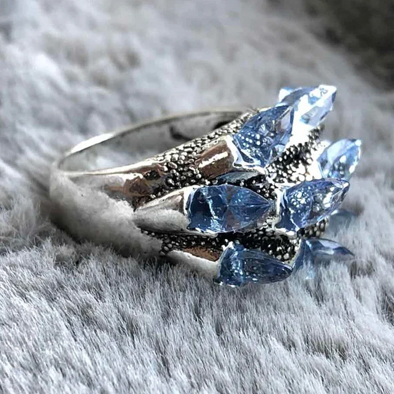 Finger Ring Milangirl Vintage Blue Crystal Rings Women Column Stone Finger Ring Carved Engagement Boho Wedding Jewelry