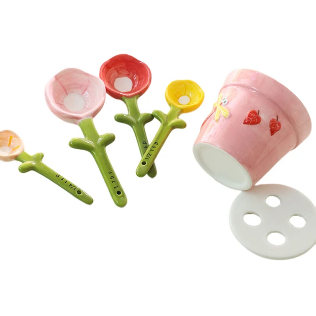 4Pcs Porcelain Measuring Spoons Set With Base Cute Cactus Shape Stirring  Soup Spoon Ceramic Flower Pot Measuring Spoon Set - AliExpress