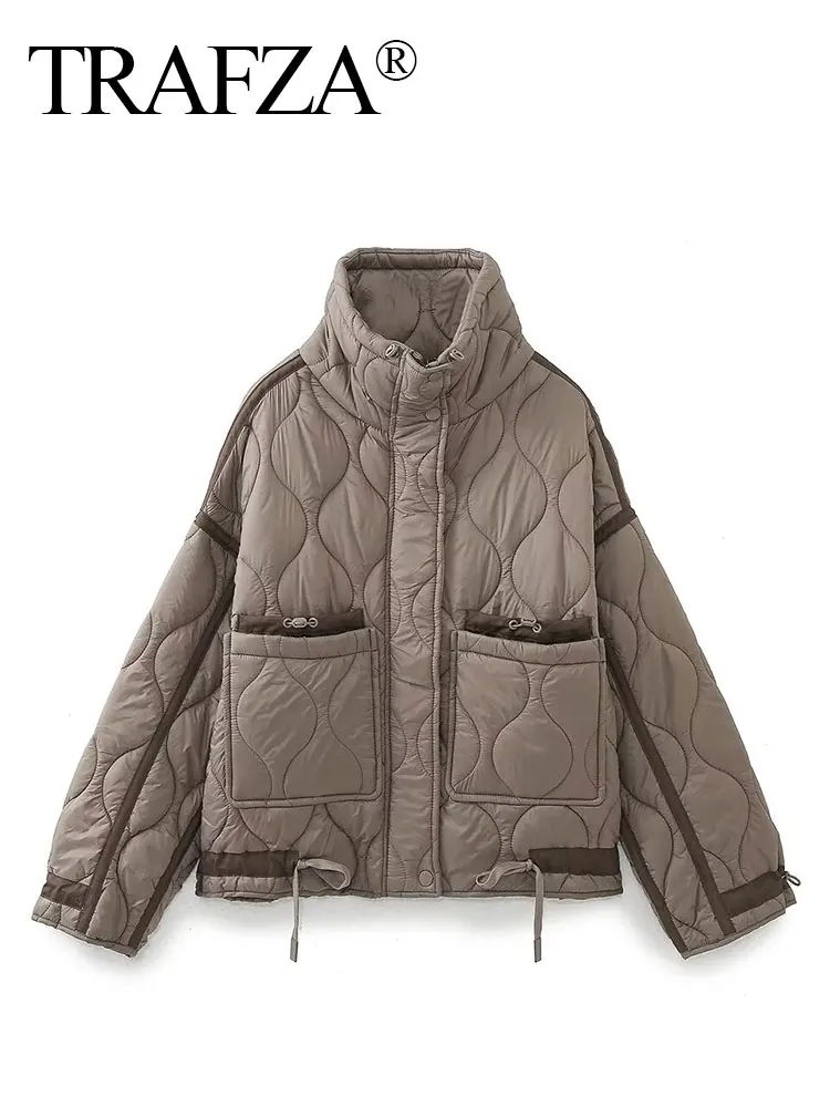 HH Women Vintage Solid Quilted Coat Stand Collar Long Sleeve Zipper Jacket Casual Drawstring Pocket Design Winter Outwear