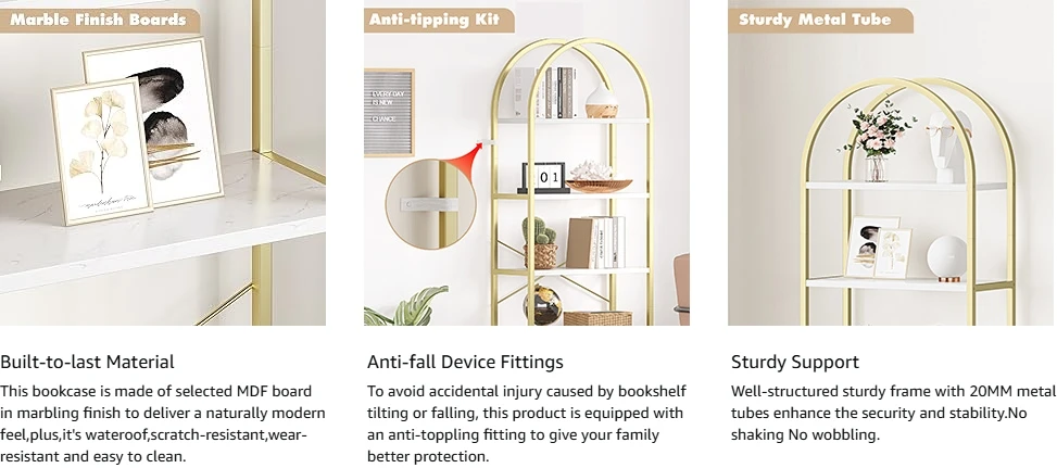 Description Picture 4 of itemUS  Bookshelf 5 Tier Bookcase Arched Display Racks Tall Standing Bookshelves Metal Frame Rustic Storage Rack Shelf Brown Book